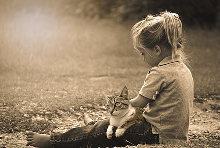 grayscale photo of girl and cat thumbnail