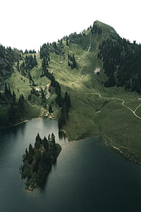aerial photography of green mountains beside body of water under white sky thumbnail