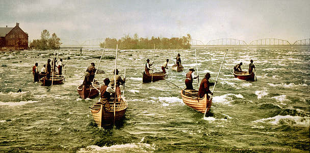 Ojibwe fishermen in the St. Marys Rapids, 1901 in Sault Ste. Marie in Ontario, Canada thumbnail