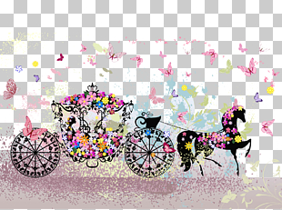 Carriage Stock photography , Hand-painted flowers wedding carriage butterfly, multicolored horse carriage with butterflies illustration PNG clipart