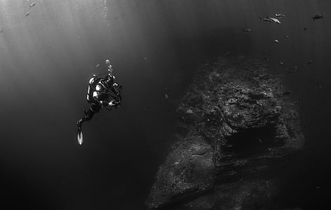 grayscale photography of man wearing diving suit thumbnail