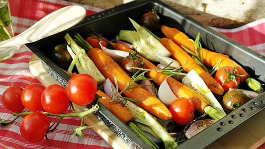 assorted fruit and vegetables on stainless steel tray thumbnail