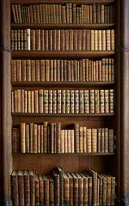 brown book lot on brown wooden shelf thumbnail