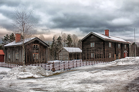 Village with wooden Houses in the snow in Nepal thumbnail