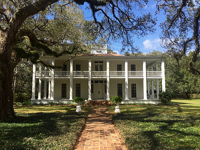 photo of white house covered by trees and green grass field thumbnail
