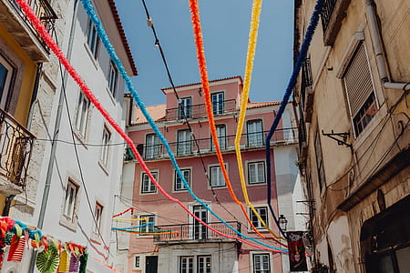 Streets decorated for the Saint Anthony Feast in Lisbon, Portugal thumbnail