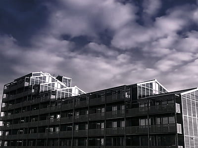 black-and-white, sky, clouds, building thumbnail