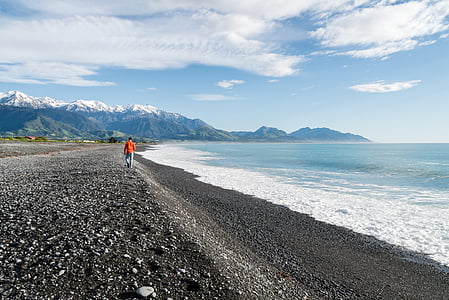 person walking on beach shore thumbnail