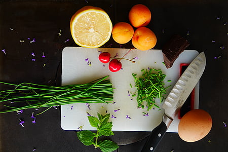 variety of fruits on chopping board thumbnail