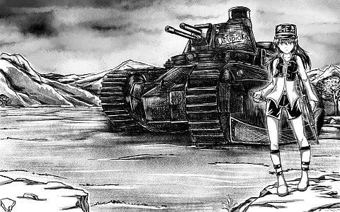 girl in romper dress standing near battle tank sketch thumbnail