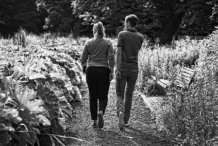 grayscale photography of man and woman walking surrounded by plant lot thumbnail