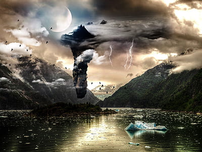 thunderstorm on mountains near sea with ice under gray sky during night thumbnail
