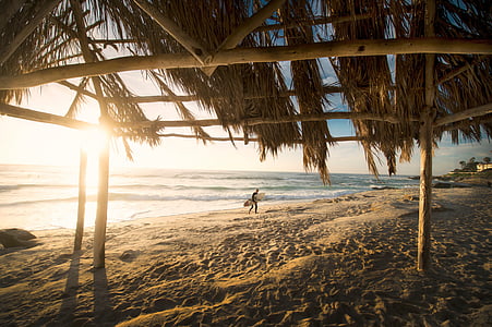 person carrying surfboard walking away from sea thumbnail