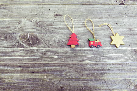 three red pine tree, truck, and yellow star ornaments thumbnail