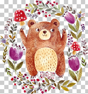 Brown bear Drawing Illustration, animals, bear with floral frame illustration PNG clipart