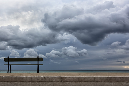 brown wooden bench near body of water under cloudy sky thumbnail
