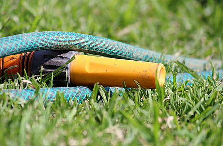 selective focus photography of yellow and gray hose nozzle thumbnail