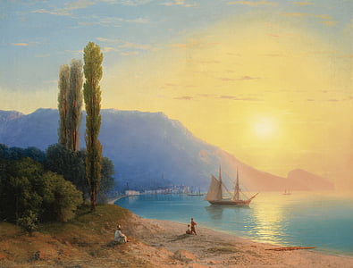 green trees near boat and beach painting thumbnail