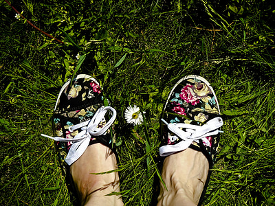 pair of black-and-yellow shoes on grasses thumbnail