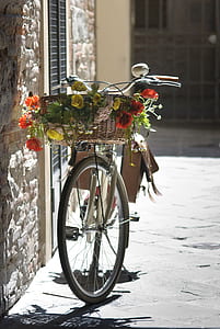 white beach cruiser with flowers beside brown concrete wall thumbnail