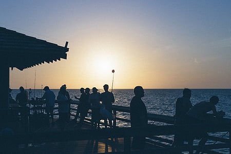 silhouette of people standing on dock during daytime thumbnail