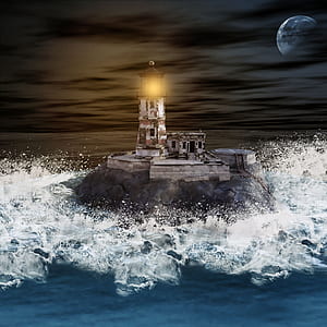 lighthouse struck by sea waves during nighttime thumbnail