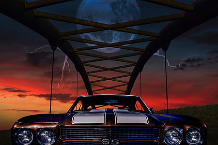 classic white and brown car under bridge digital wallpaper thumbnail