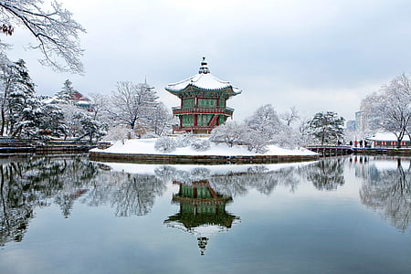 green and red snow covered temple in middle body of water thumbnail