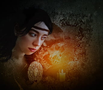 woman beside a shadow of skull digital wallpaper thumbnail