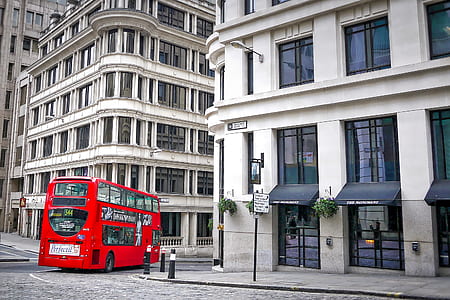 red double-deck bus crossing on street thumbnail