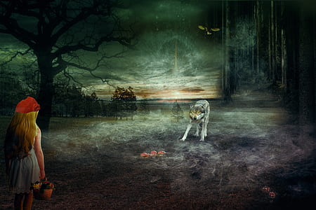 girl holding basket in front of wolf painting thumbnail