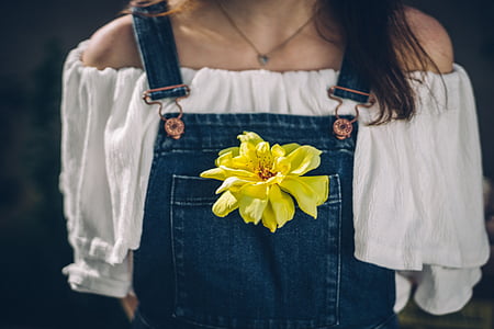 woman wearing white off-shoulder top and blue denim dungaree thumbnail