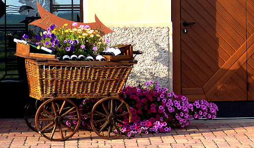 purple and yellow flowers on brown woven carriage beside bed of red and pink flowers on brown brick pathway at daytime thumbnail