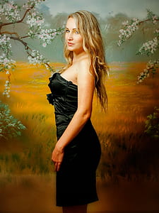 blonde haired woman in black dress standing beside wheat field painting thumbnail
