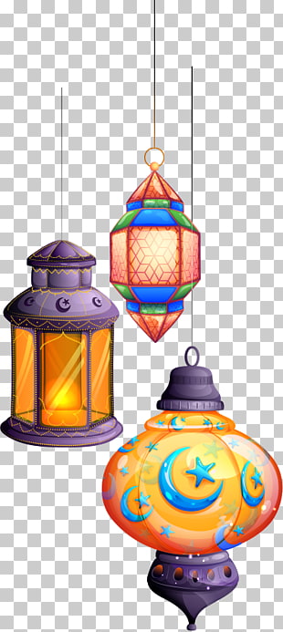 Eid al-Fitr Eid Mubarak Eid al-Adha, five color fantasy light chandelier, three assorted-color lanterns illustration PNG clipart