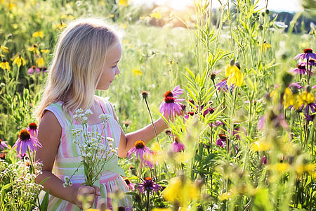close photo of girl wearing pink and white stripe crew neck sleeveless dress while looking at purple daisy flowers during sunrise thumbnail