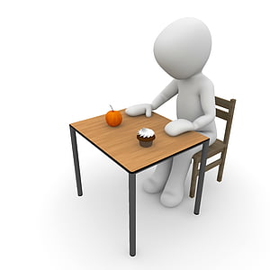 white humanoid sitting on chair leaning on table with cupcake and orange fruit illustration thumbnail