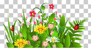 Flower , Cute Grass and Flowers , yellow, pink, and white petaled flowers illustration PNG clipart