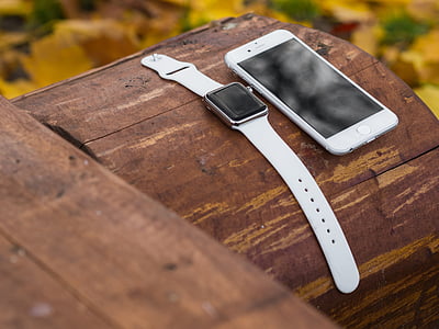 silver aluminum case Apple Watch with white Sport Band and silver iPhone 6 both on log thumbnail
