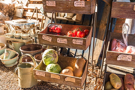 two brown wooden 3-tier racks with assorted vegetables thumbnail