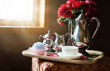 tray of silver and white teaset near window thumbnail