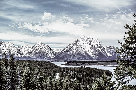 View of trees, river and snow capped mountains thumbnail