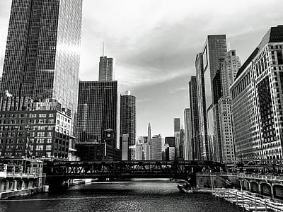 grayscale photo of city with bridge thumbnail