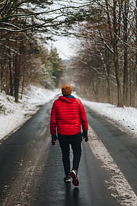 man walking on road between trees thumbnail
