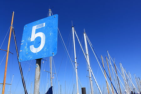blue and white 5 street sign under blue sky thumbnail