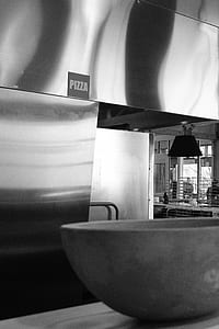 grayscale photography of pizza store thumbnail