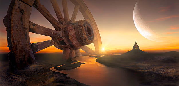 brown wooden cart wheel on body of water during sunset thumbnail