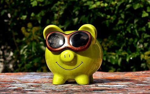 yellow and brown ceramic piggy bank on brown wooden surface thumbnail