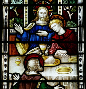 Jesus Christ beside saint stained glass window thumbnail