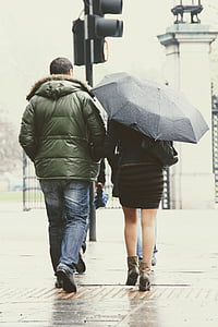 man in green park jacket walking beside woman in black dress with umbrella thumbnail
